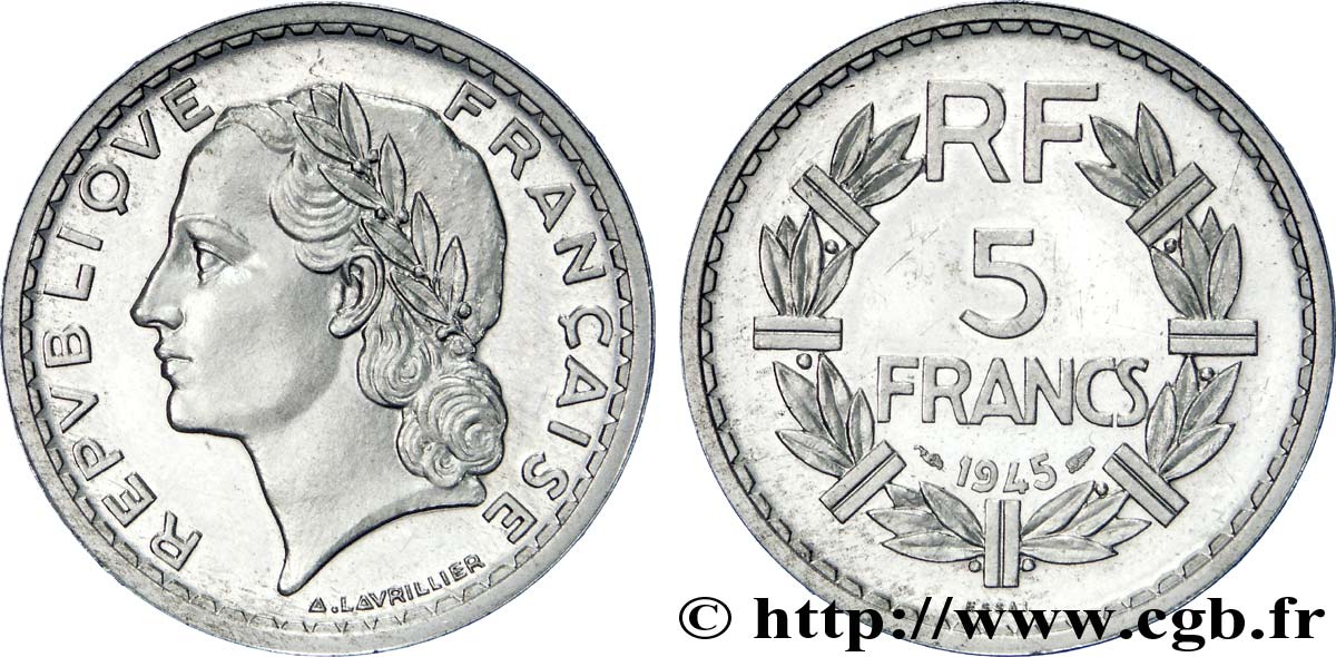 Essai-piéfort de 5 francs Lavrillier aluminium 1945  F.339/1 var. VZ 