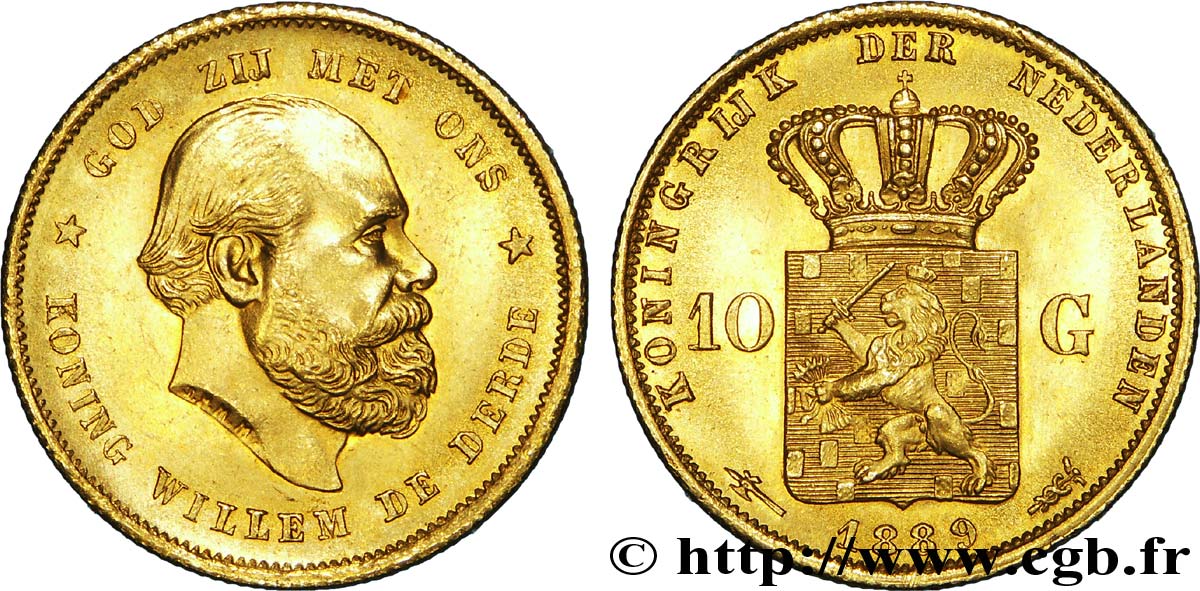 NETHERLANDS - KINGDOM OF THE NETHERLANDS - WILLIAM III 10 gulden or, 2e type 1889 Utrecht AU 