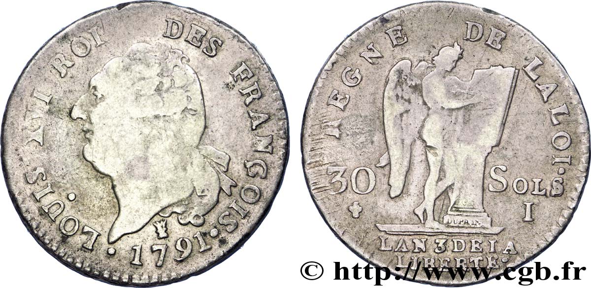 LOUIS XVI 30 sols dit au génie , type FRANÇOIS 1791 Limoges VF