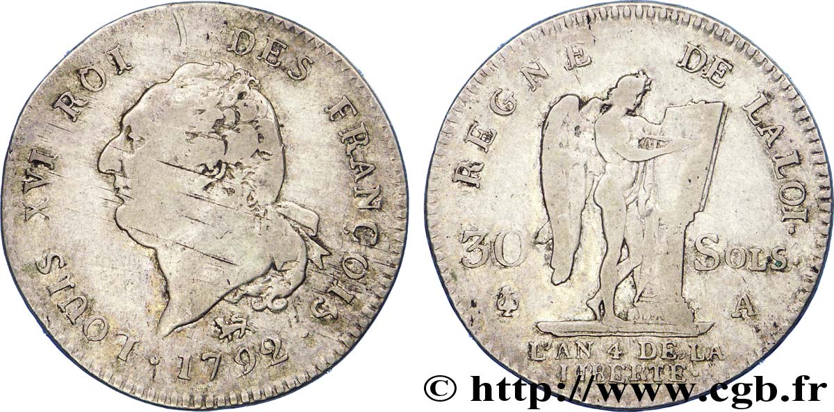 LOUIS XVI 30 sols dit au génie , type FRANÇOIS 1792 Paris VF
