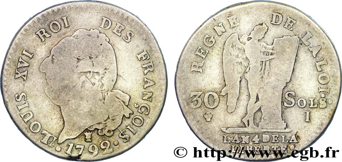 LOUIS XVI (MONARQUE CONSTITUTIONNEL) 30 sols dit au génie , type FRANÇOIS 1792 Limoges B+