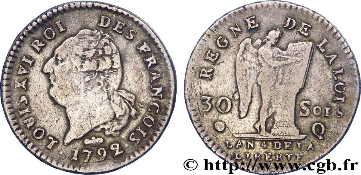 LOUIS XVI (MONARQUE CONSTITUTIONNEL) 30 sols dit au génie , type FRANÇOIS 1792 Perpignan TB+