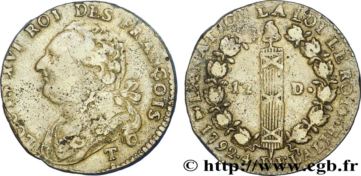 LOUIS XVI (MONARQUE CONSTITUTIONNEL) 12 deniers dit au faisceau , type FRANÇOIS 1792 Saumur TB/TB+