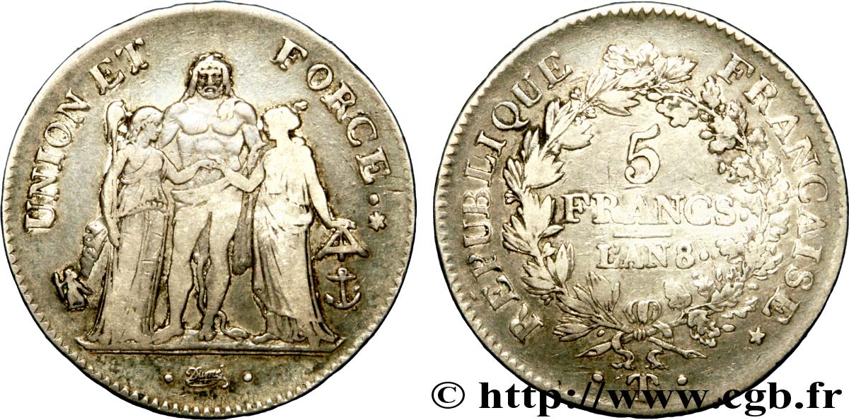 5 francs Union et Force, Union serré, avec glands intérieurs et gland extérieur 1800 Nantes F.288/151 MB 