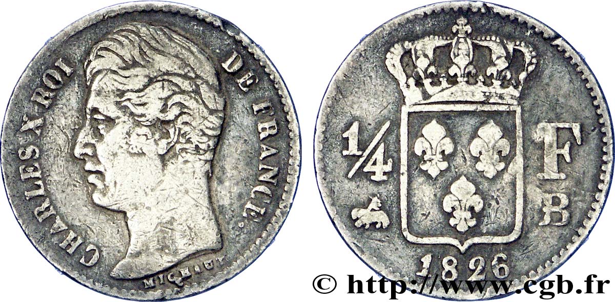 1/4 franc Charles X 1826 Rouen F.164/3 TB 