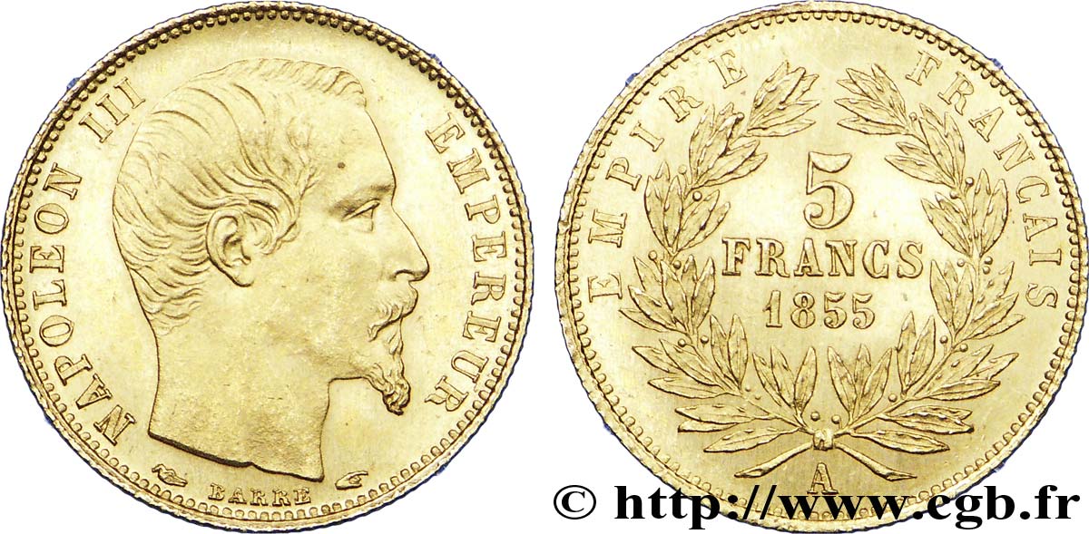 5 francs or Napoléon III, tête nue, petit module, tranche cannelée 1855 Paris F.500A/2 SUP