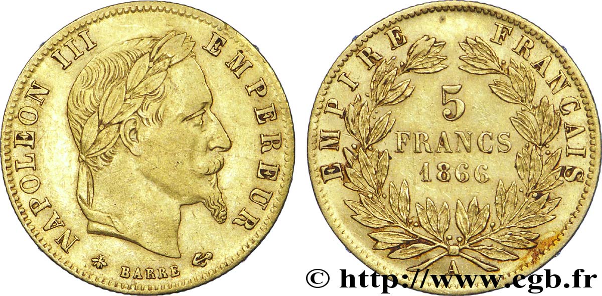 5 francs or Napoléon III, tête laurée 1866 Paris F.502/9 XF 