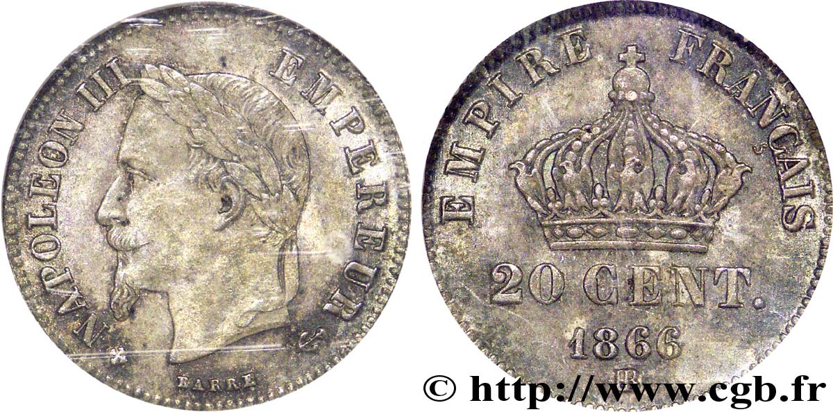 20 centimes Napoléon III, tête laurée, petit module 1866 Strasbourg F.149/5 SPL 