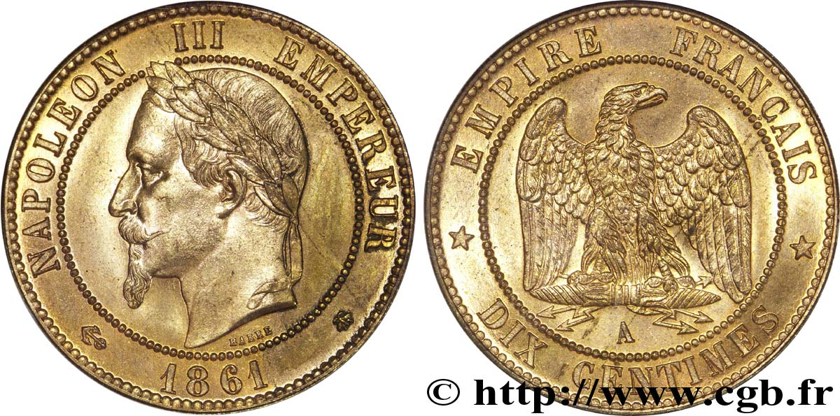 Dix centimes Napoléon III, tête laurée 1861 Paris F.134/4 MS 