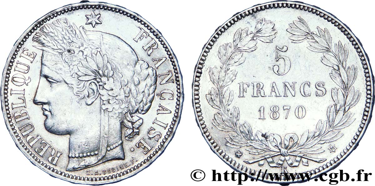 5 francs Cérès, sans légende, M à 11 heures 1870 Bordeaux F.332/4 AU 