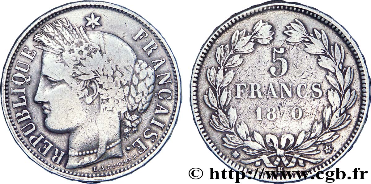 5 francs Cérès, sans légende, M à 11 heures 1870 Bordeaux F.332/4 TB 