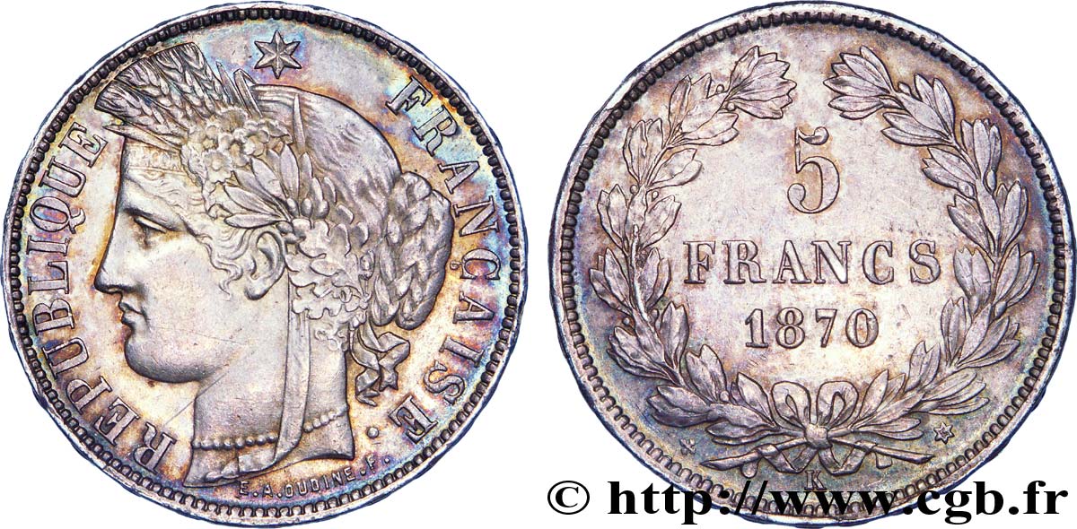 5 francs Cérès, sans légende, M à 2 heures 1870 Bordeaux F.332/5 SS 