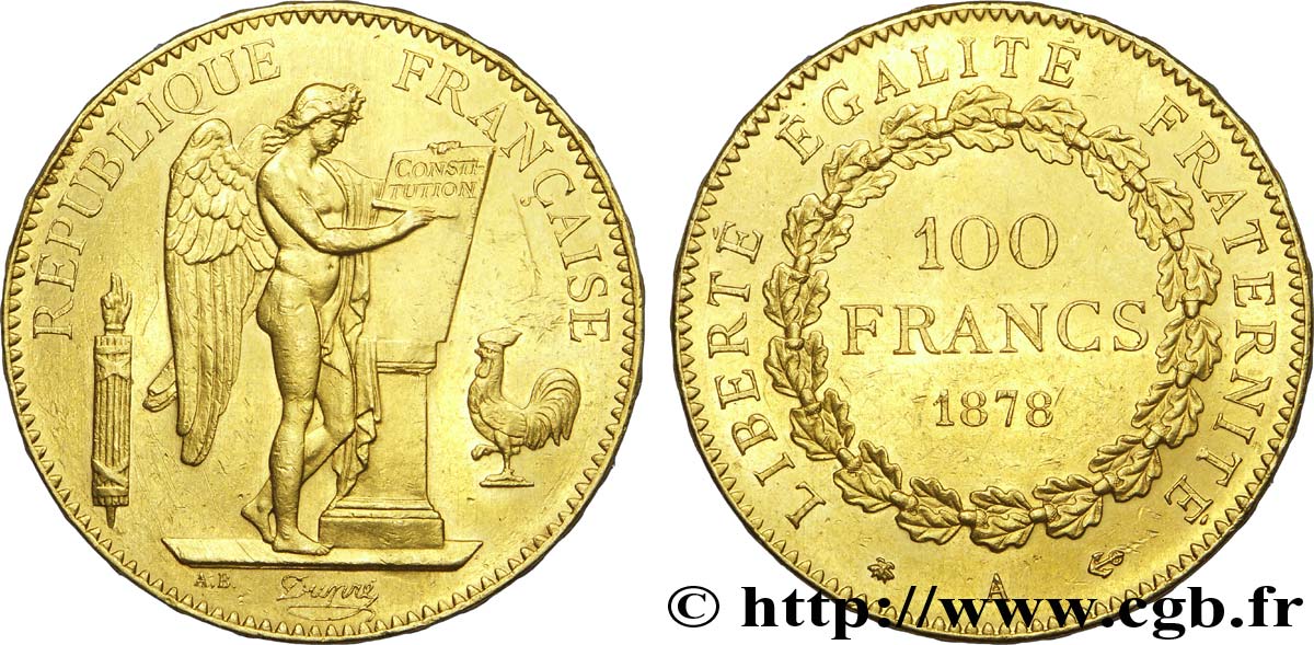 100 francs or Génie, tranche inscrite en relief Dieu protège la France 1878 Paris F.552/1 TTB 