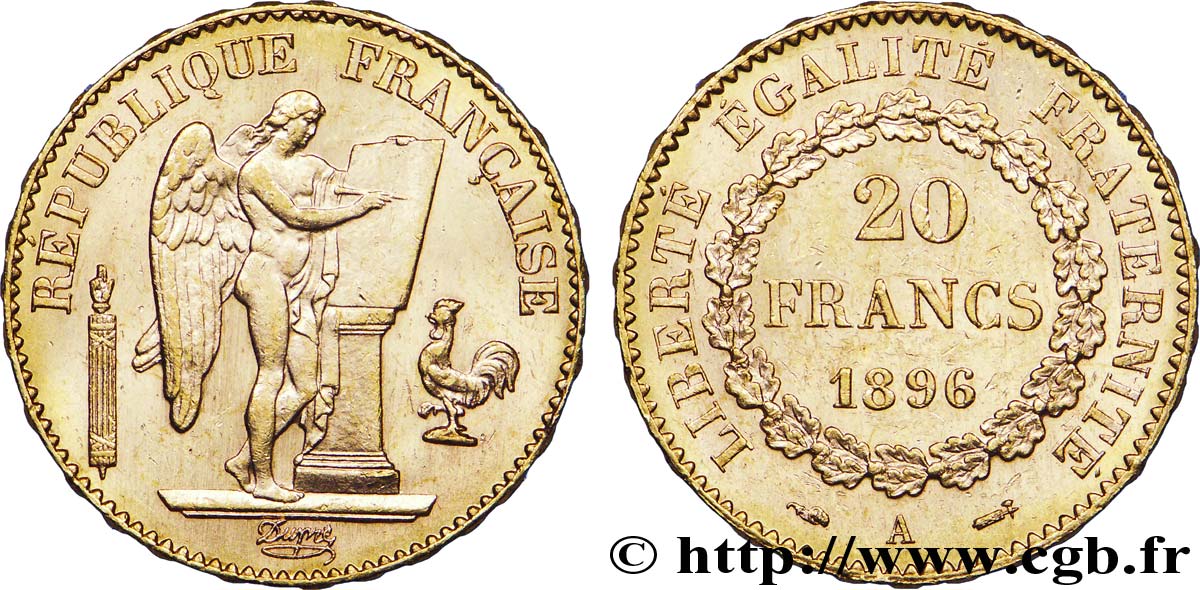 20 francs or Génie, Troisième République, différent faisceau 1896 Paris F.533/20 VZ