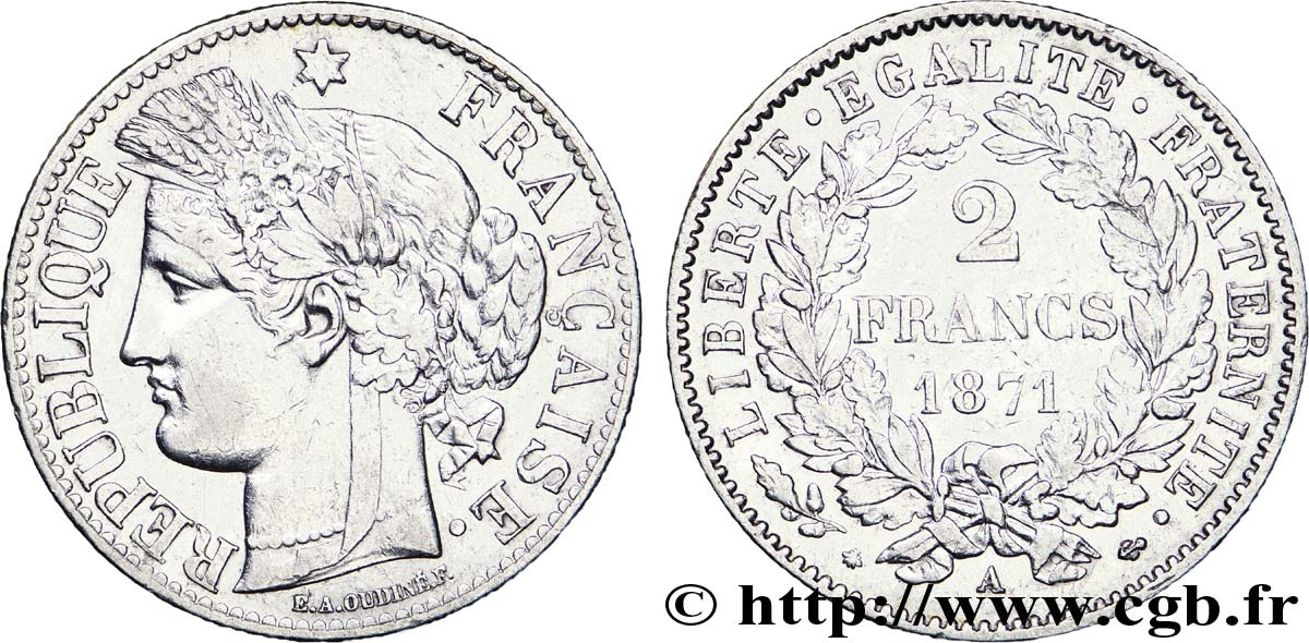 2 francs Cérès, avec légende, A normal 1871 Paris F.265/4 XF 