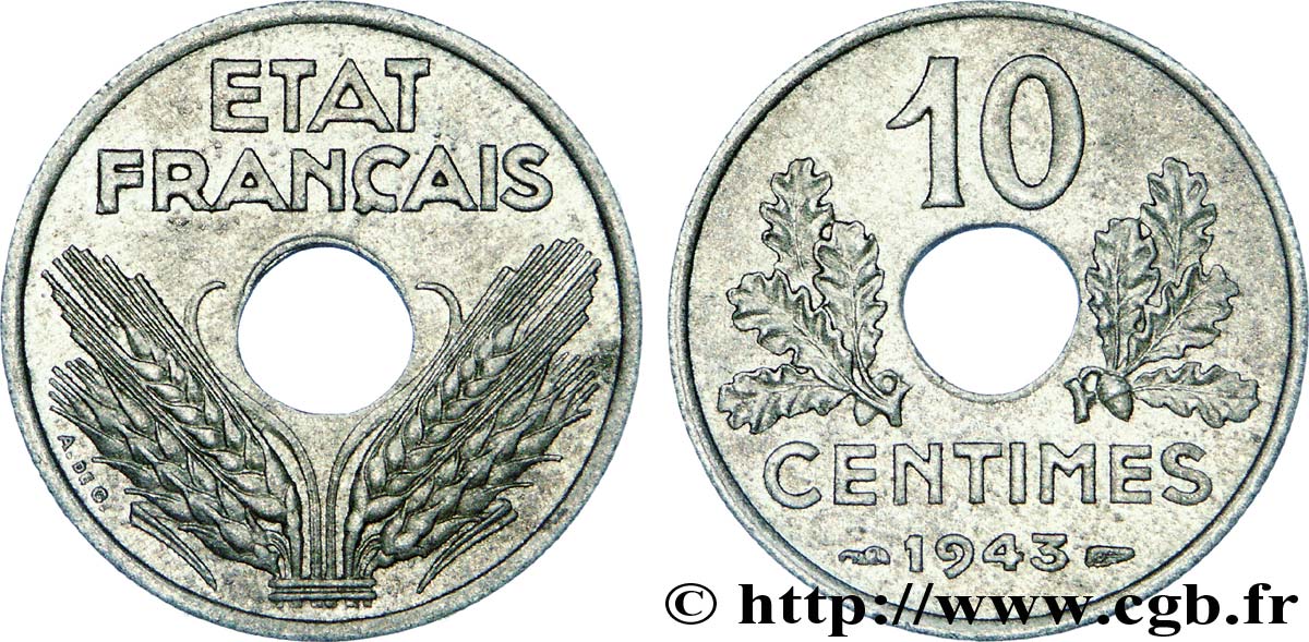 10 centimes État français, grand module 1943  F.141/5 AU 