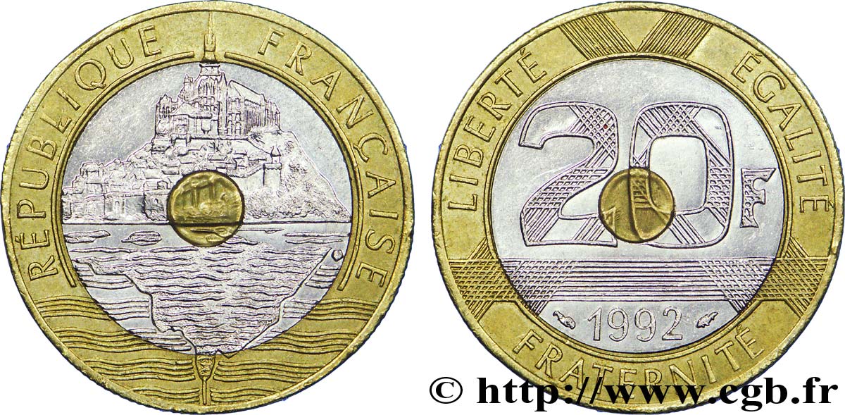 20 francs Mont Saint-Michel, 4 cannelures, V fermé 1992 Pessac F.403/4 XF