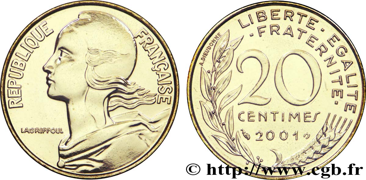 20 centimes Marianne, BU (Brillant Universel) 2001 Pessac F.156/46 FDC