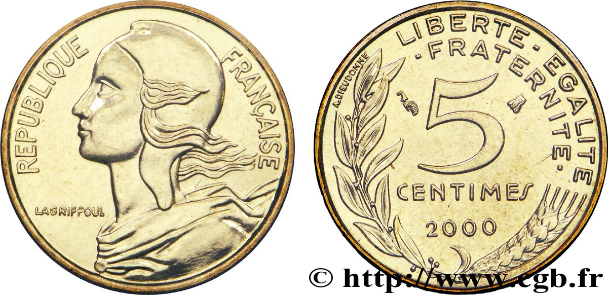 5 centimes Marianne, BU (Brillant Universel) 2000 Pessac F.125/44 FDC