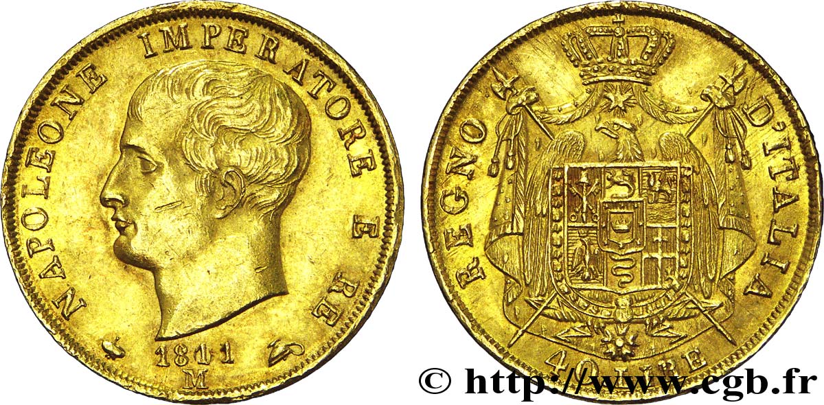 40 lire or, 2e type, tranche en creux 1811 Milan VG.1359  TTB 