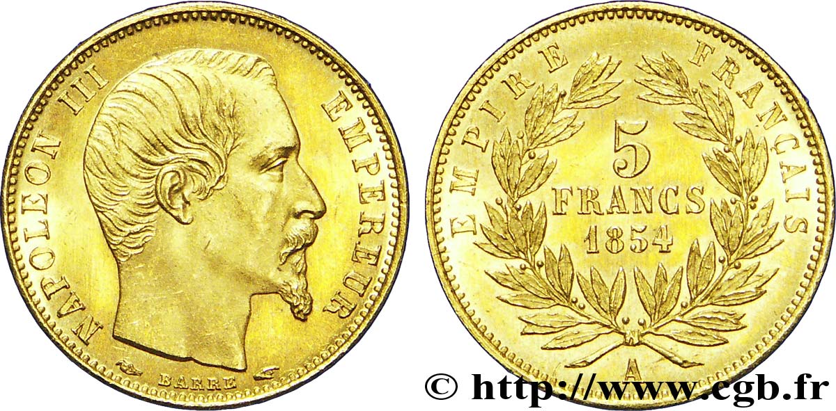 5 francs or Napoléon III, tête nue, petit module, tranche lisse 1854 Paris F.500/1 SPL