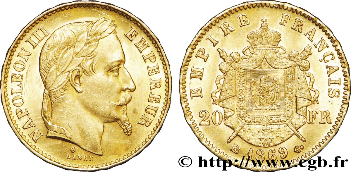 20 francs or Napoléon III, tête laurée, grand BB 1869 Strasbourg F.532/22 VZ