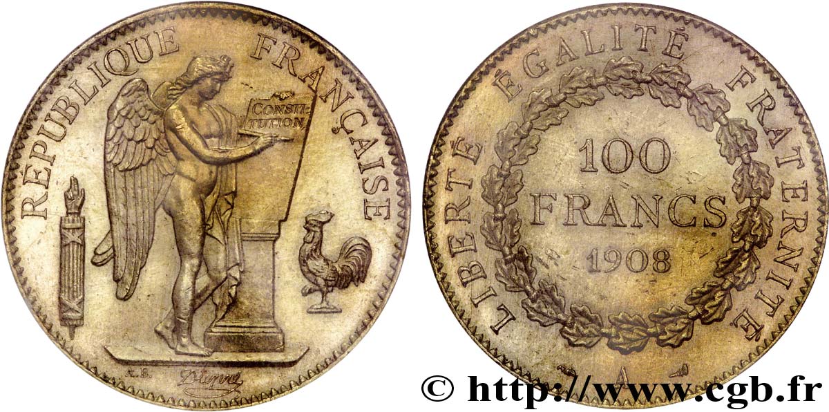 100 francs or Génie, tranche inscrite en relief Liberté Égalité Fraternité 1908 Paris F.553/2 AU 