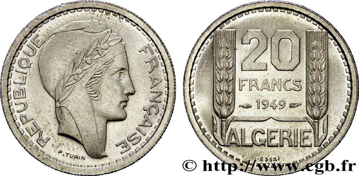 ALGÉRIE - QUATRIÈME RÉPUBLIQUE Essai de 20 francs Turin 1949 Paris FDC 