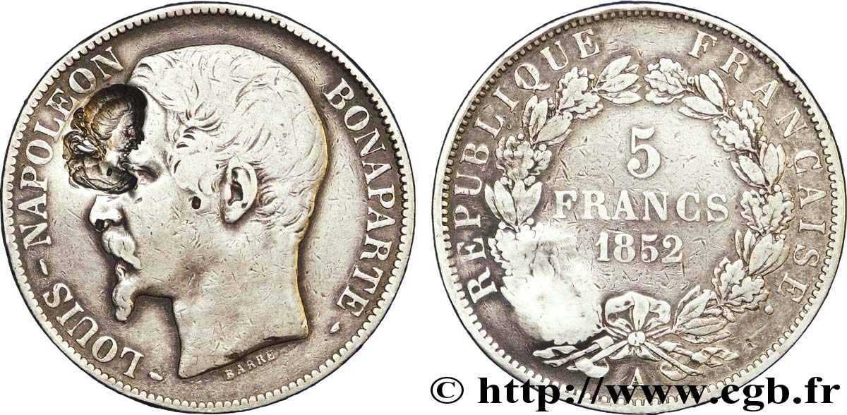 ESPAGNE - ROYAUME D ESPAGNE - ISABELLE II 5 francs Louis-Napoléon, 1er type, contremarqué du poinçon d’Isabelle II d’Espagne 1852 Paris TB 