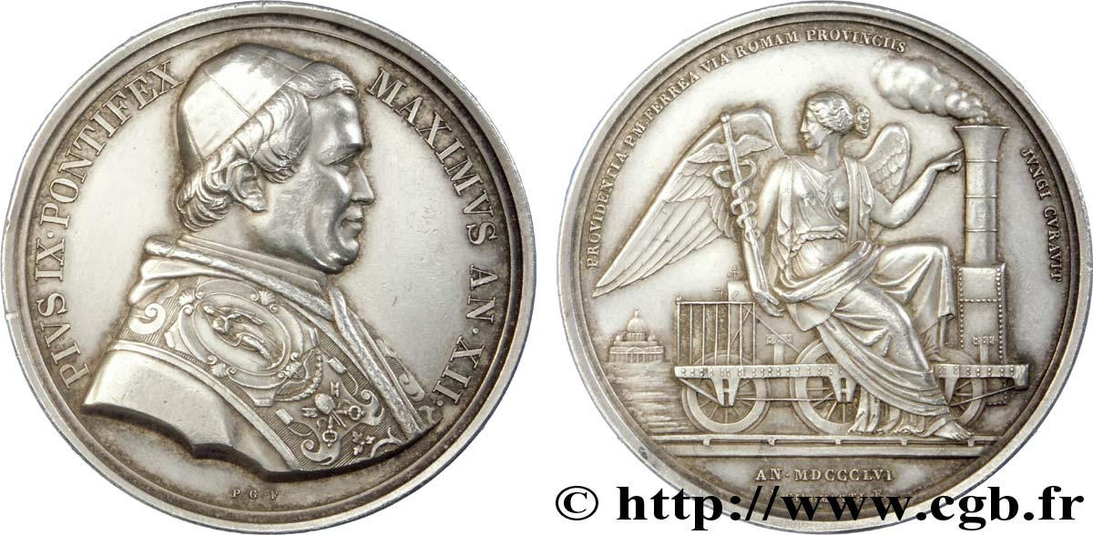ITALIA - STATO PONTIFICIO - PIE IX (Giovanni Maria Mastai Ferretti) Médaille AR 43, Arrivée du chemin de fer à Rome 1857 Rome AU 