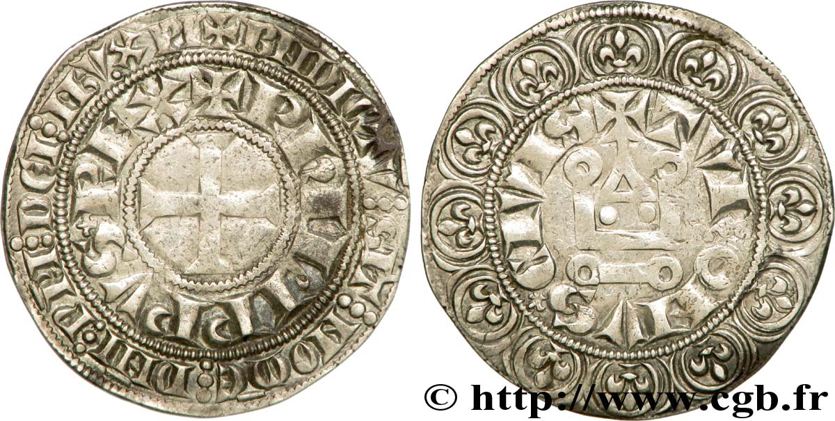 PHILIP III  THE BOLD  AND PHILIP IV  THE FAIR  Gros tournois à l O rond c. 1305  XF/AU