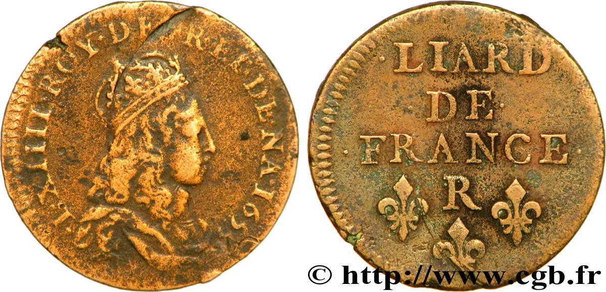 LOUIS XIV  THE SUN KING  Liard de cuivre, 2e type 1655 Nîmes VF/XF