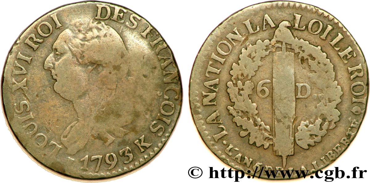 CONVENZIONE NAZIONALE 6 deniers dit  au faisceau , type FRANÇOIS 1793 Bordeaux VF/VF