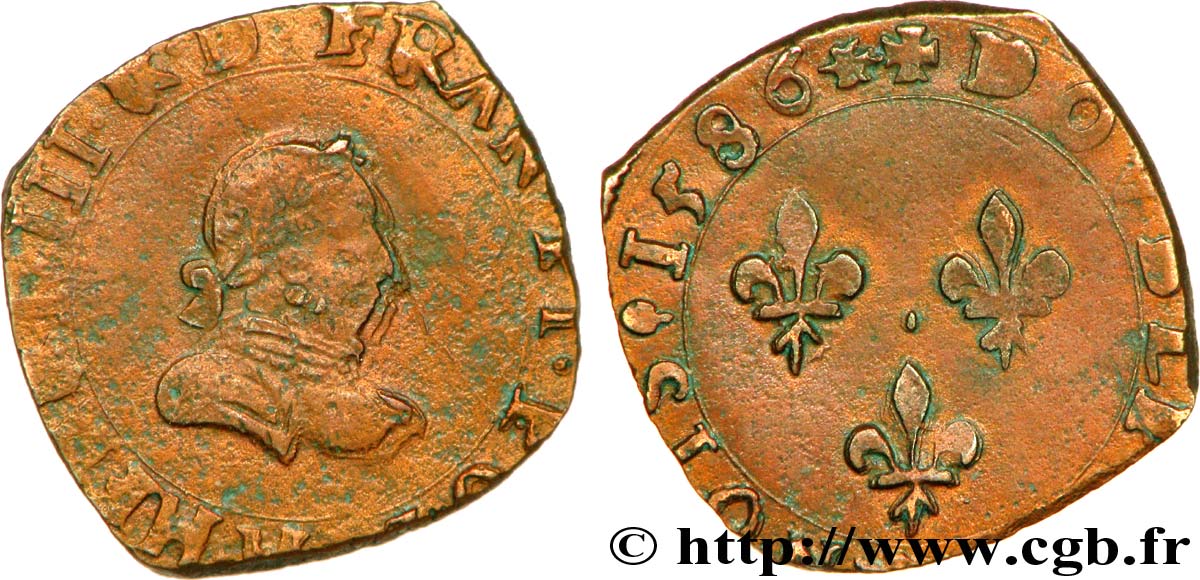 HENRI III Double tournois, 3e type de La Rochelle, buste du denier 1586 La Rochelle TTB/TTB+