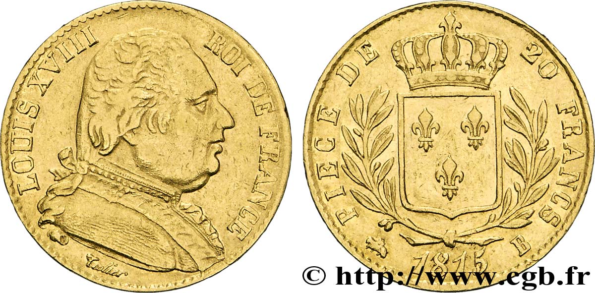 20 francs or Louis XVIII, buste habillé 1815 Rouen F.517/11 XF 