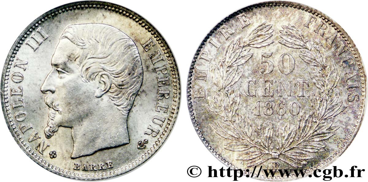 50 centimes Napoléon III, tête nue, différent croix 1860 Strasbourg F.187/15 MS 