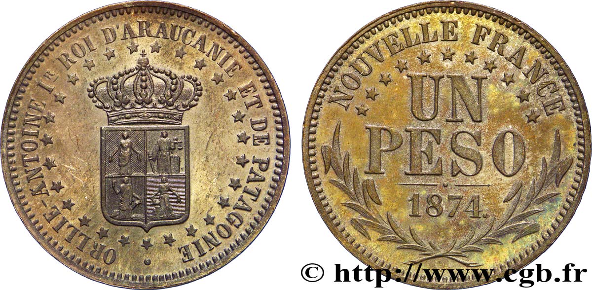 TROISIÈME RÉPUBLIQUE - ROYAUME D ARAUCANIE ET DE PATAGONIE - ORÉLIE-ANTOINE Ier  Épreuve en bronze de Un peso 1874  SUP 