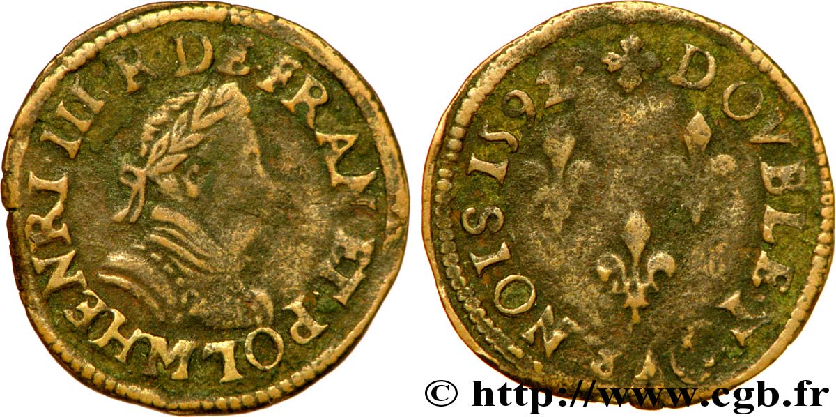 THE LEAGUE. COINAGE IN THE NAME OF HENRY III Double tournois, type de Toulouse 1592 Toulouse VF