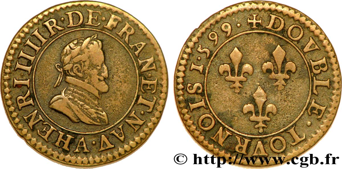 HENRY IV Double tournois, type 2, légende fautée (1.599) 1599 Paris, Moulin des Étuves XF