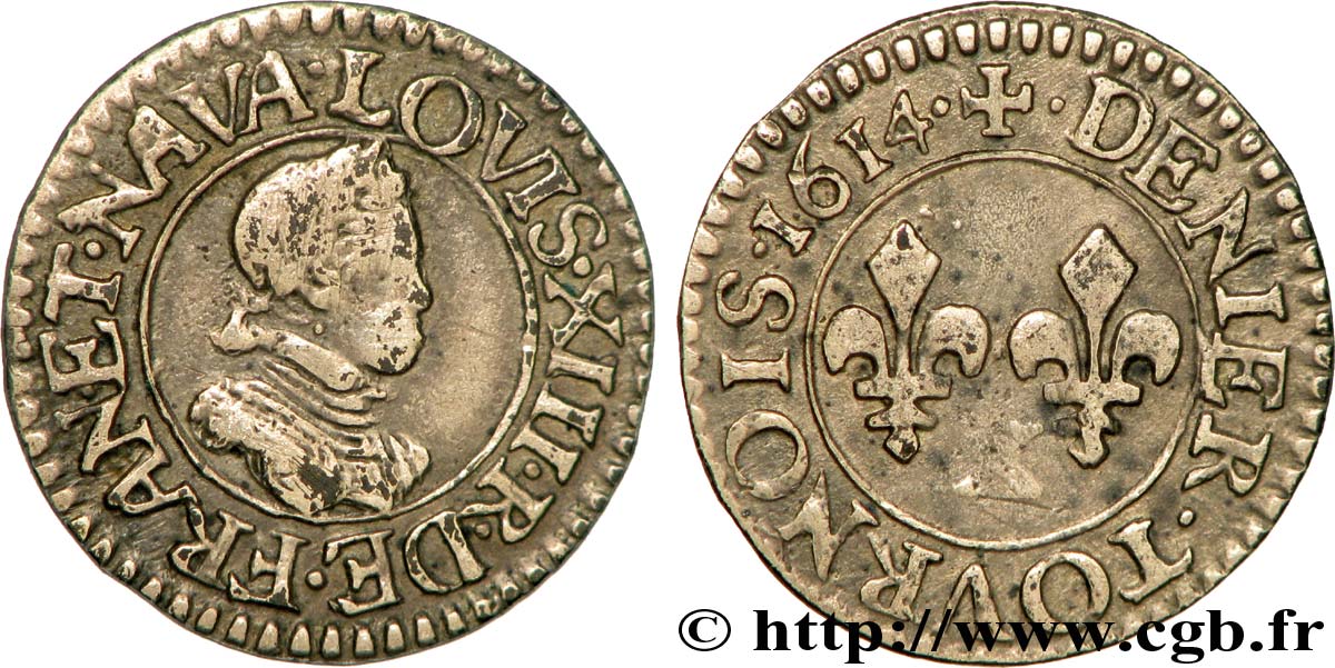 LOUIS XIII  Denier tournois, petit buste adolescent au col plat d’Amiens 1614 Amiens XF