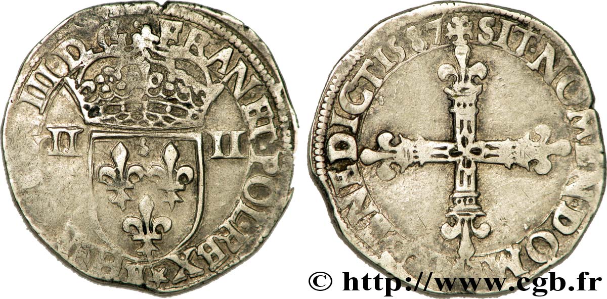 HENRI III Quart d écu, écu de face 1587 Tours TB+/TB