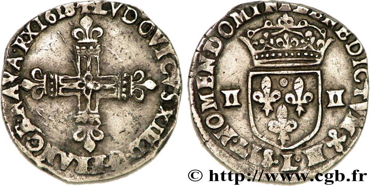 LOUIS XIII  Quart d écu, à la croix fleurdelisée, titulature côté croix 1618 Bayonne fSS/SS