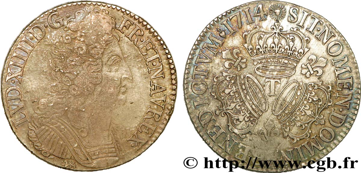 LOUIS XIV  THE SUN KING  Écu aux trois couronnes 1714 Nantes XF/AU