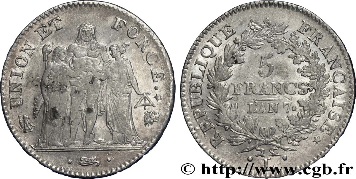 5 francs Union et Force, Union desserré, avec glands intérieurs et gland extérieur 1799 Bayonne F.291/26 XF 