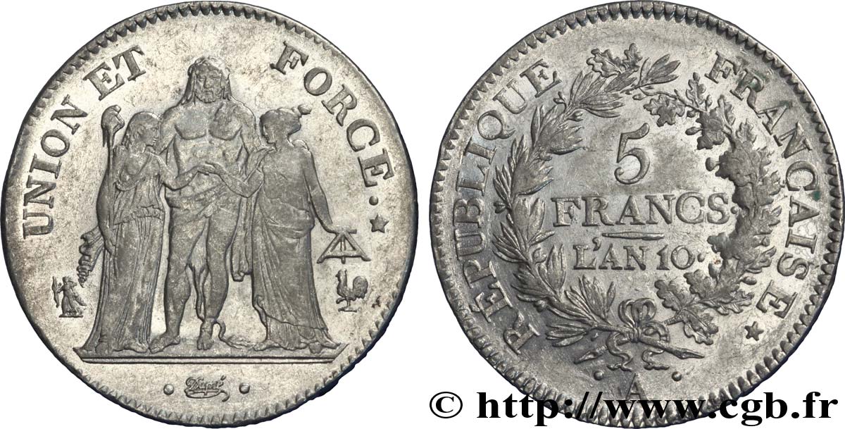 5 francs Union et Force, Union serré, seulement glands intérieurs 1802 Paris F.288/169 TTB 
