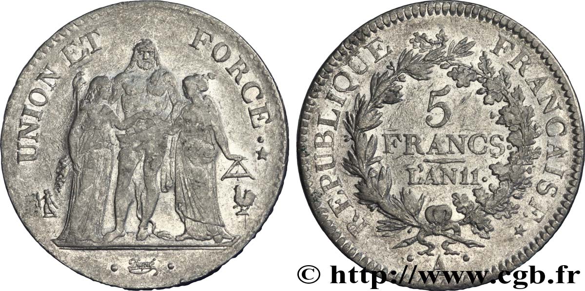 5 francs Union et Force, Union serré, seulement glands intérieurs 1803 Paris F.288/191 TTB 