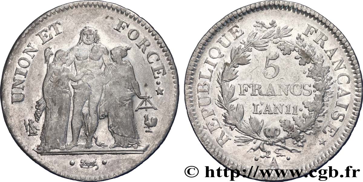 5 francs Union et Force, Union serré, seulement glands intérieurs 1803 Paris F.288/190 XF 
