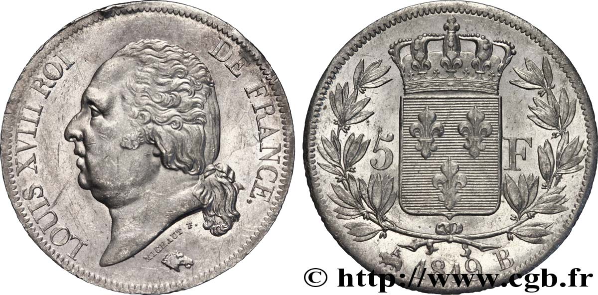 5 francs Louis XVIII, tête nue 1819 Rouen F.309/41 SS 
