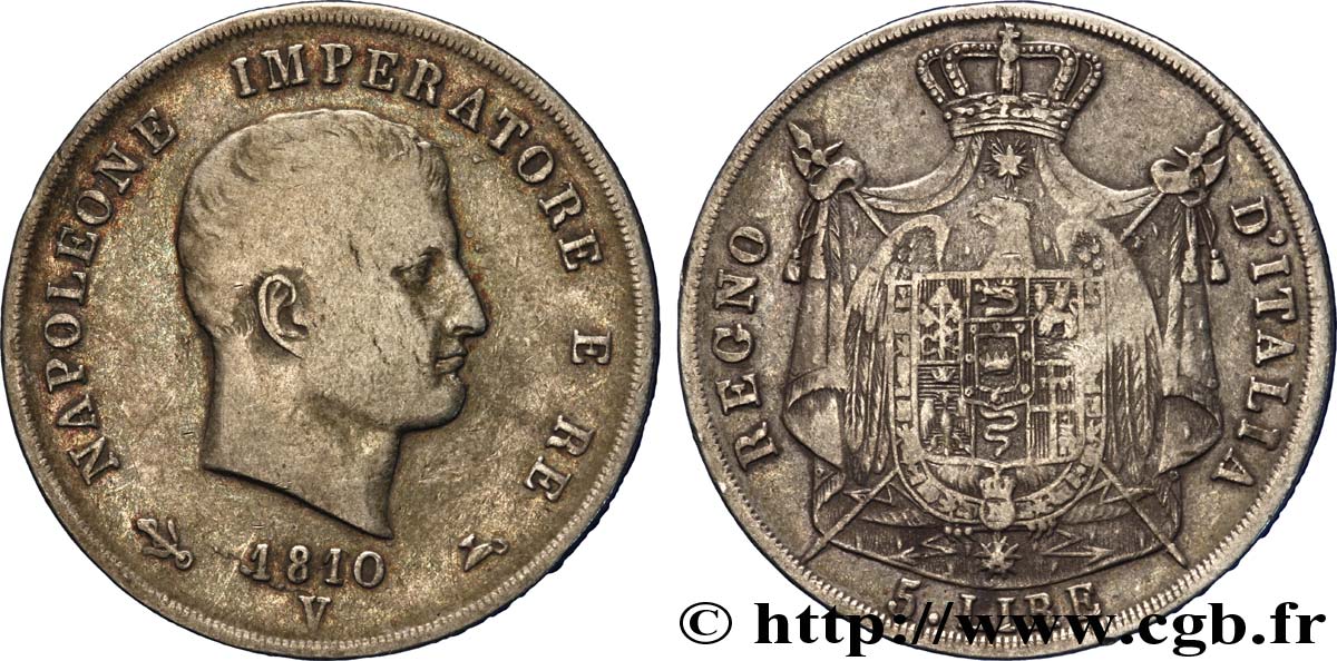 5 lire Napoléon Empereur et Roi d’Italie, 2ème type, tranche en creux 1810 Venise M.19  TB 
