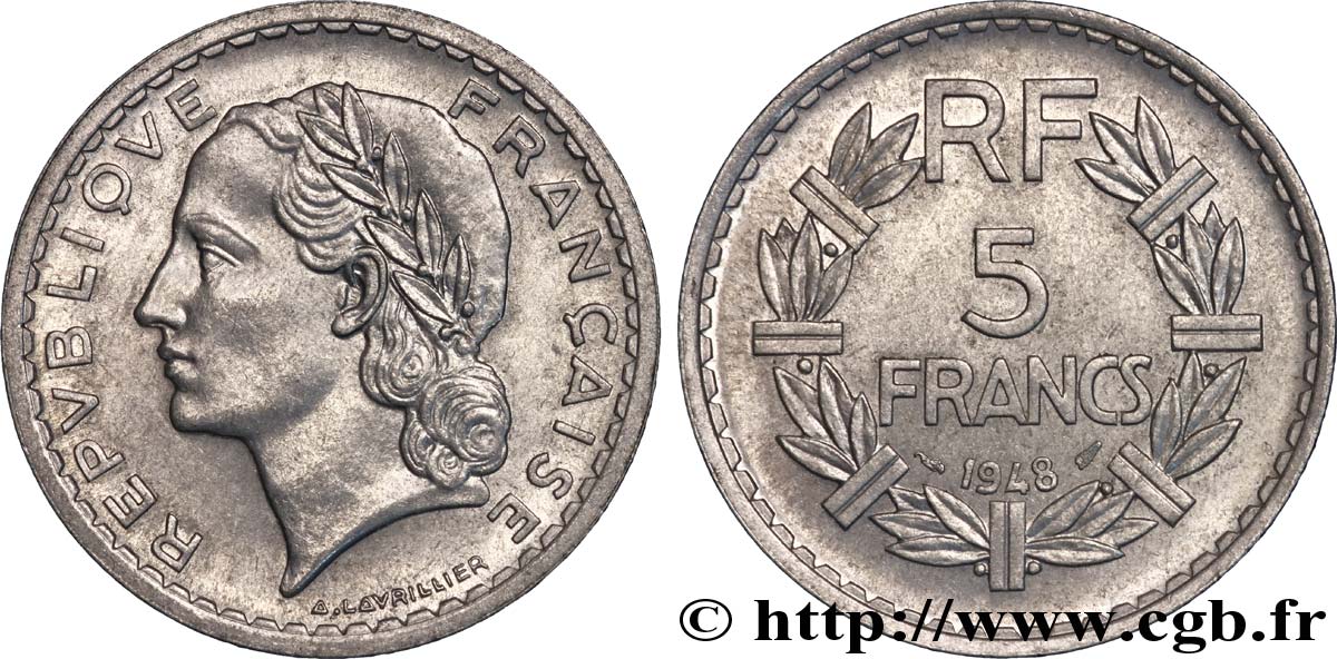 5 francs Lavrillier, aluminium, 9 fermé 1948  F.339/14 EBC 